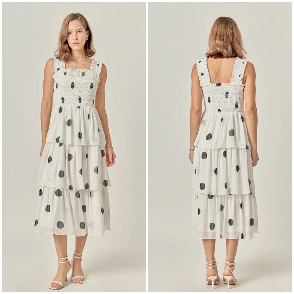 English Factory Polka Dot Midi Dress White Tiered Smocked Sleeveless Size Large